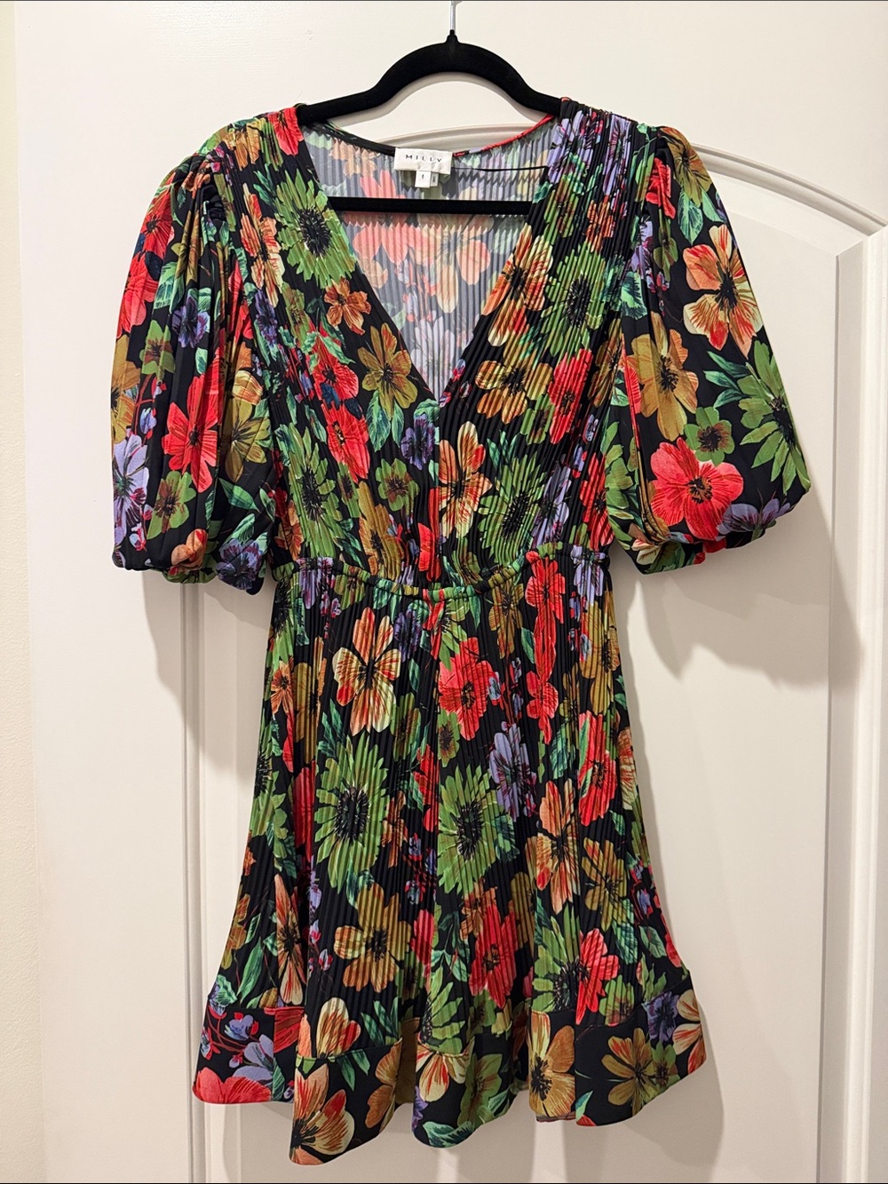 Milly Floral V-Neck Pleated Mini Dress - Black with Red, Green, Yellow